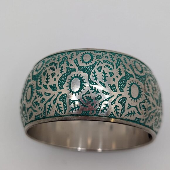 Silver Plated Engraved in Blue Design Bangle Bracelet Aqua Vintage 7.5" - Picture 6 of 8